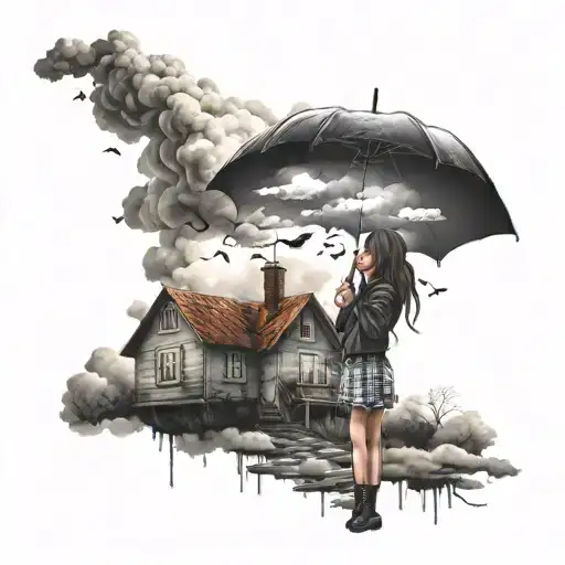 Emo Girl With Umberella Clouds And Rain With A Broken House In Background