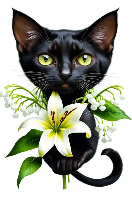 Black Female Cat Holding Lily Of The Valley Flower