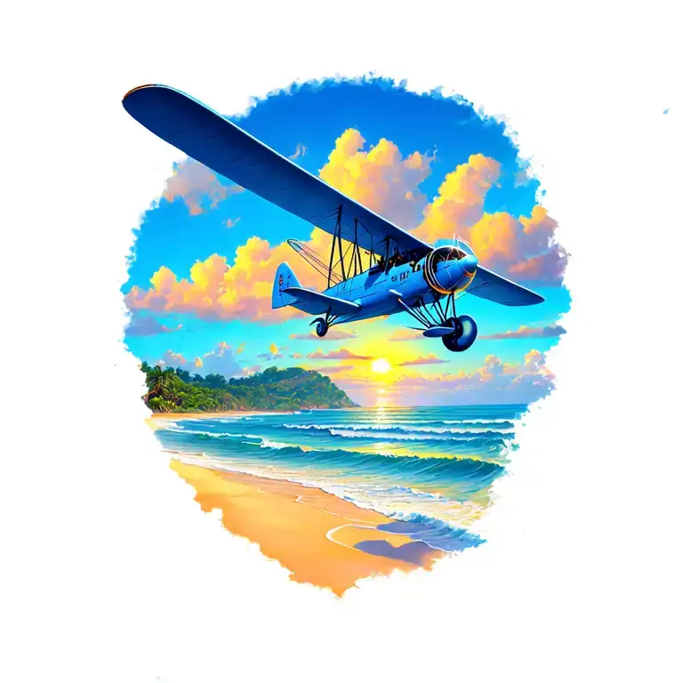 Blue Biplane Flying Over Beach At Sunset Background