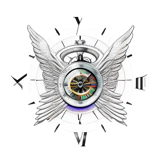 Black Angel Wings Over Compass Clock In Tree