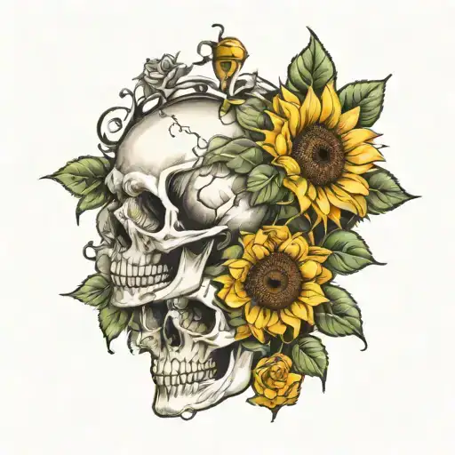 Sunflower And A Rose Growing Out Of A Skull