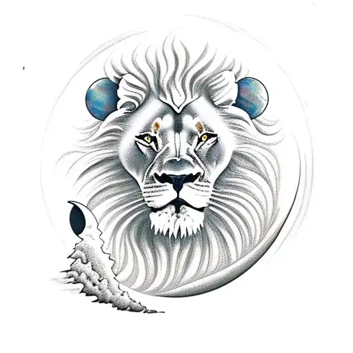 Lion With A Moon In The Background And Waves Below