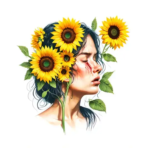 Sadness And Crying Woman With Sunflower Blooming