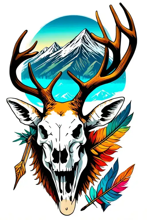 American Mule Deer Skull With Mountains And A Feathered Arrow