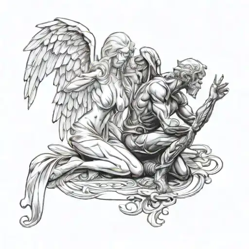 Angel Woman Half Standing Vs Devil Man Half Kneeling
