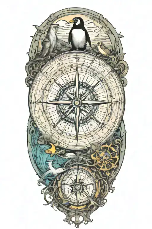 Nautical Compass With Scuba Diver Surrounded By Ocean Life Including An Emperor Penguin
