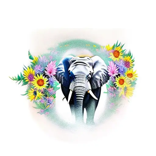 Majestic Male Elephant Surrounded By Sunflowers And Lily Flowers