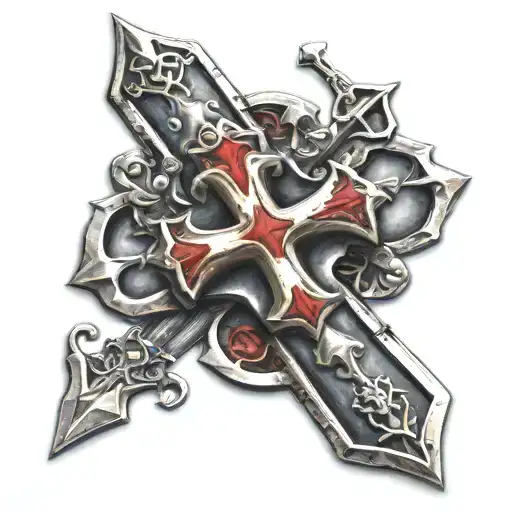 Templar Cross Tattoo With A Black Spade In The Center With A Pair Of Dogtags Draped