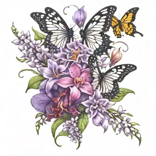 Lilac And Orchid Flowers And Butterflies