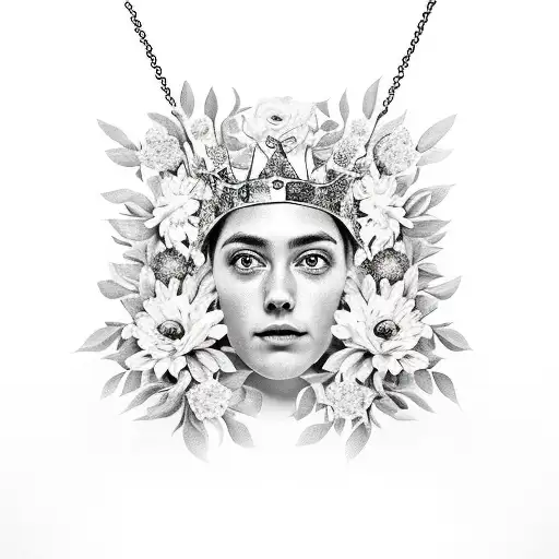 A Realistic Portrait Of A Person With A Crown Of Flowers And A Diamond Necklace