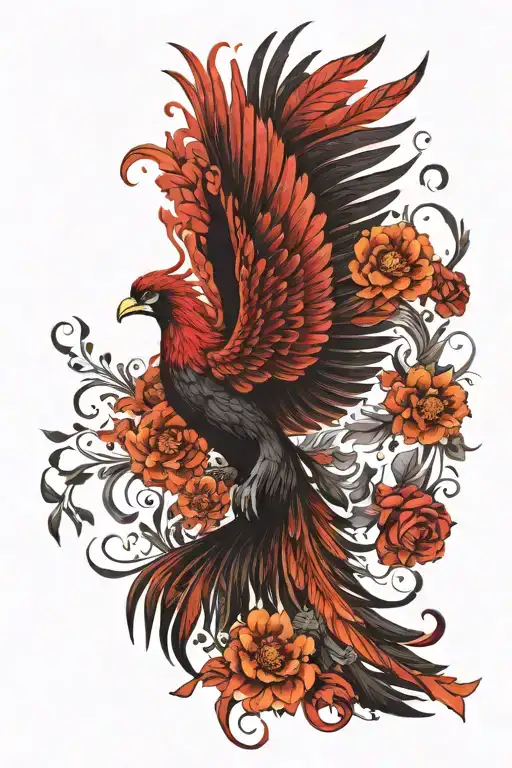 Red And Black Peaceful Flying Phoenix With Spread Wings And Flowers