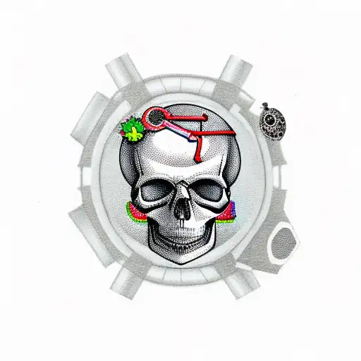 Trashpolka-inspired Skull With A Pocket Watch And Trading Symbols
