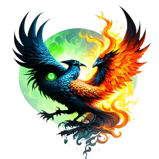 Beautiful Witch Green Eyes And Phoenix Rising From The Ashes