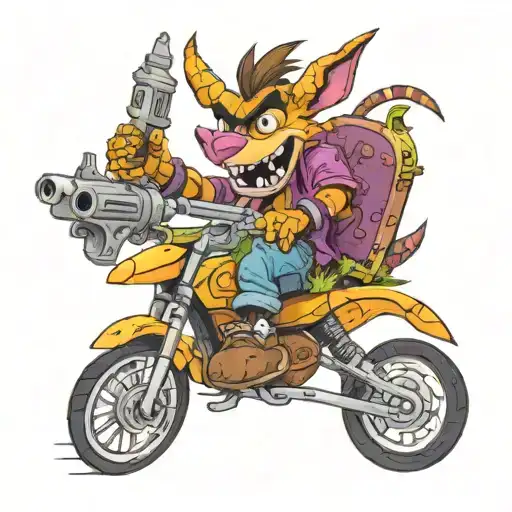 Crash Bandicoot Riding Spyro The Dragon While Holding A Gun