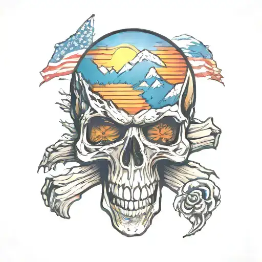 Grateful Dead Skull With The Flatirons Mountains Inside And The Colorado Flag As The Sunset
