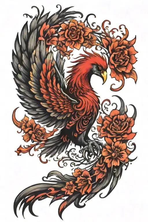 Red And Black Peaceful Flying Phoenix With Spread Wings And Flowers