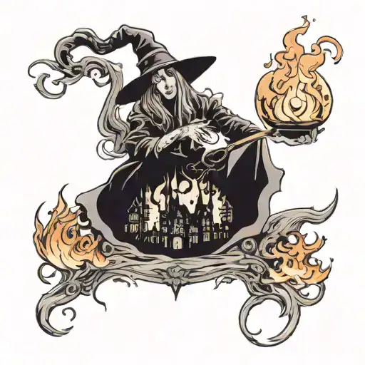 A Witch Casting A Spell On A Town's People With Flames Engulfing Them