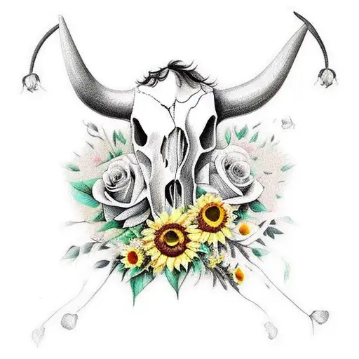 Cow Skull With Roses And Sunflowers