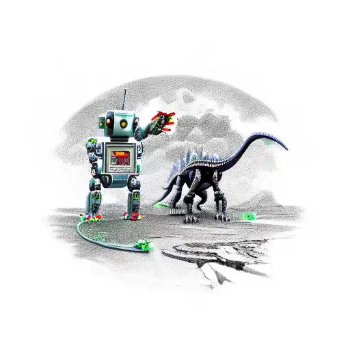 Robot Fighting A Dinosaur