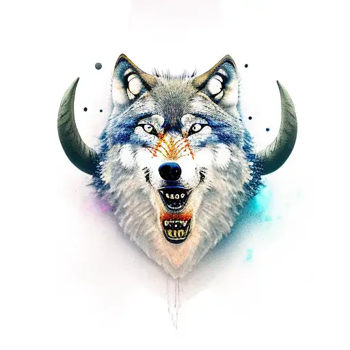 Wolf Head Howling With Bull Horns
