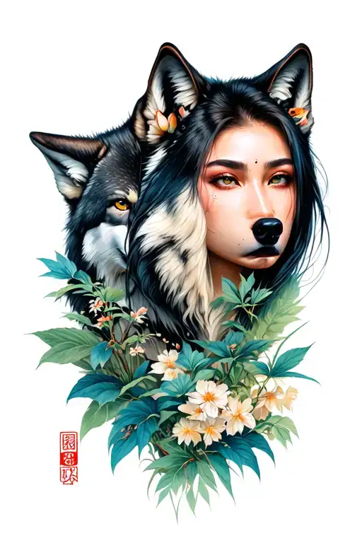 Japanese Vegetation With A Wolf And A Woman's Face