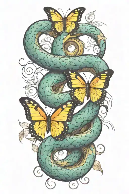 Snake Wrapped And Butterfly Flying