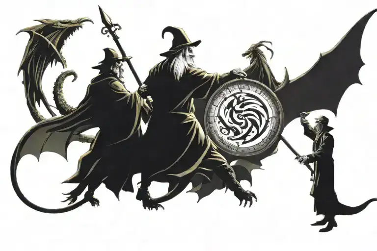 Dragon And Wizard Fighting Scene Inspired Tattoo Design