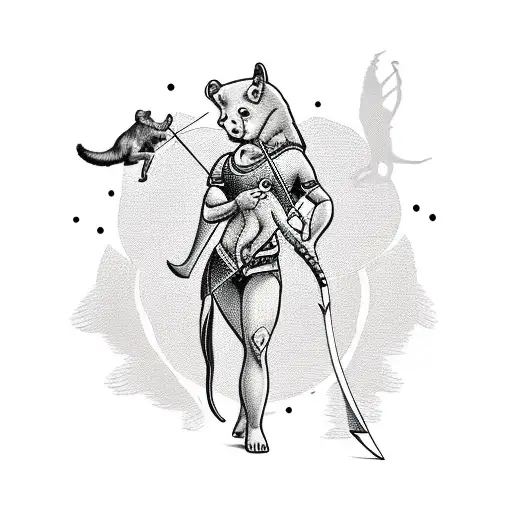 A Traditional-style Tattoo Featuring A Sagittarius Archer Woman Holding An Otter Instead Of A Bow