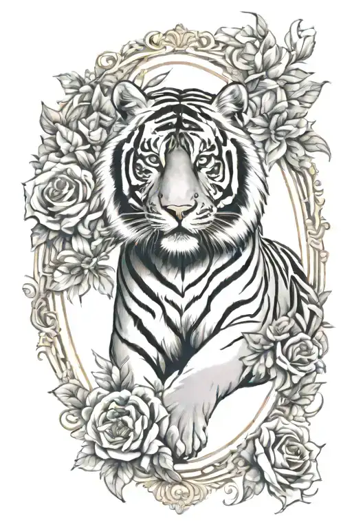 Bengal Tiger In A Vintage Frame With Flowers Intertwined