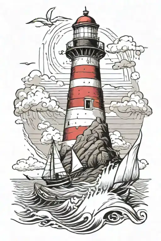 Lighthouse Small Sail Boat Sailing