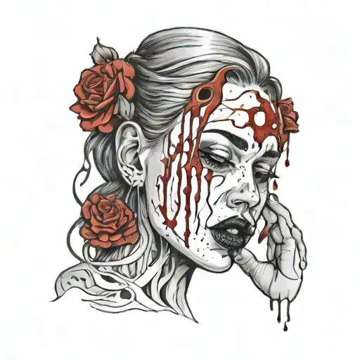Dead Pretty Lady Crying Blood Holding Her Face