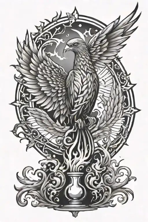 Phoenix Rising From The Ashes With Hour Glass