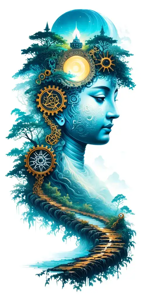 Path Of Enlightenment With Buddhist Symbols Of Nature And Steampunk Mechanical Gears
