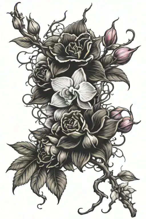 Rose Stem With Flowers And Thorn Intertwined With Orchid Stem And Flowers