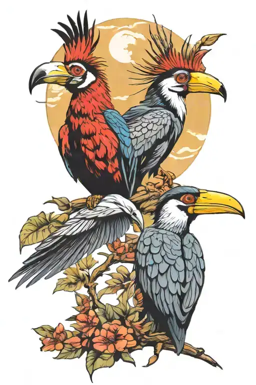 Tribe Hornbill Couple And Manta Ray Floating With Alpha Wolf And Moon