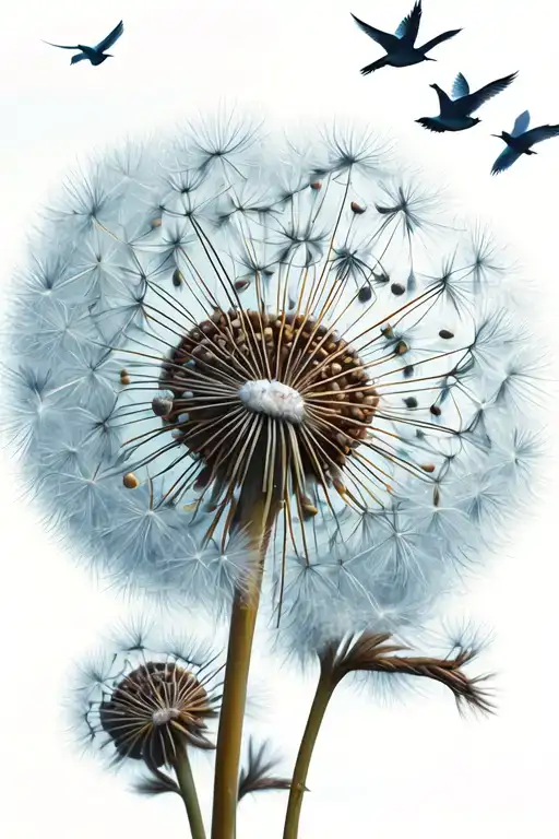 Dried Dandelion With Seeds Turning Into Birds Flying Away