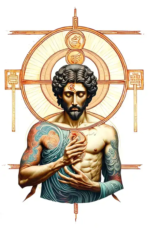 Vitruvian Man With Tai Chi Symbol Intertwined