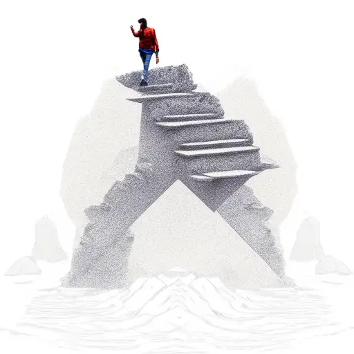 Guy Walking Stone Stairs On Top Of The Ocean