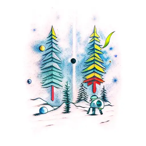 Space Planets Stars Tattoo With Pine Trees