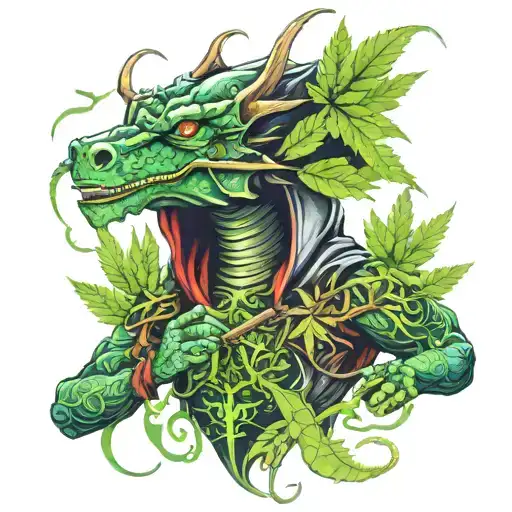 Hooded Dragon Warrior With Weed Leaf Intertwined