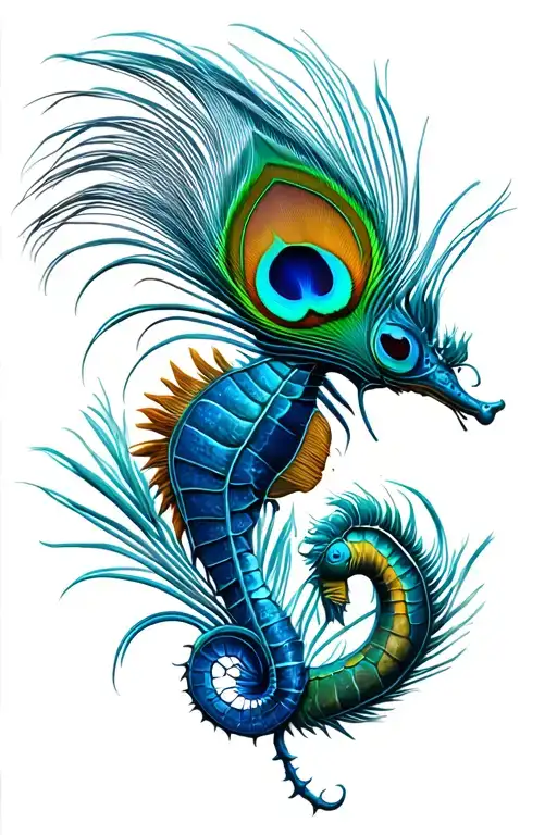 Peacock Feather With A Sea Horse With A Laddy Bug