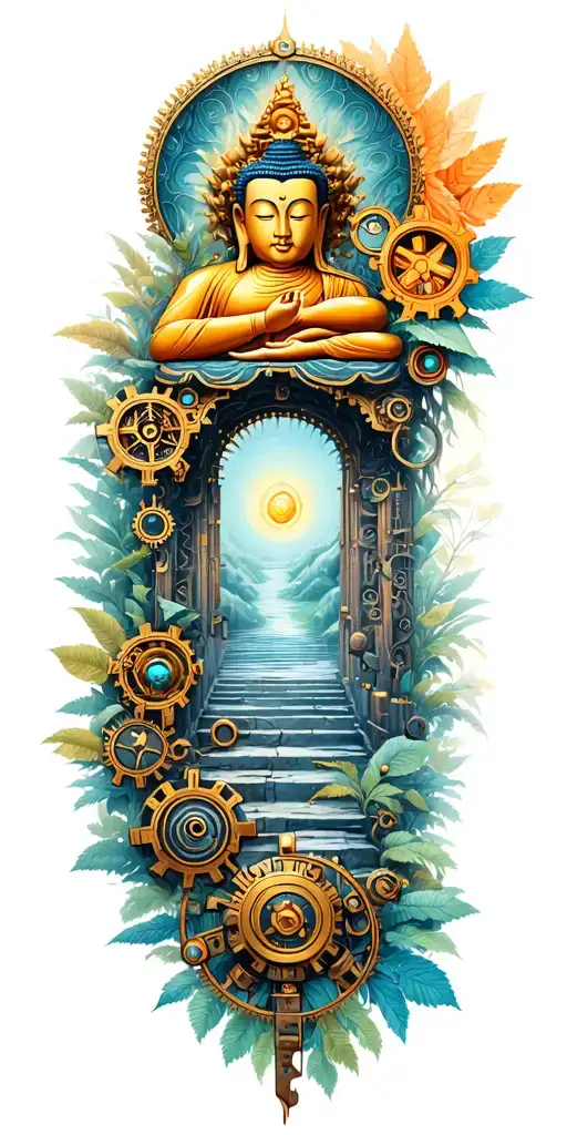 Path Of Enlightenment With Buddhist Symbols Of Nature And Steampunk Mechanical Gears