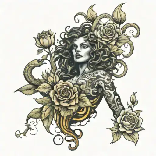 Full Body Medusa With Large Snake Wrapping Around Body Surrounded By Roses Lilies And Sunflowers