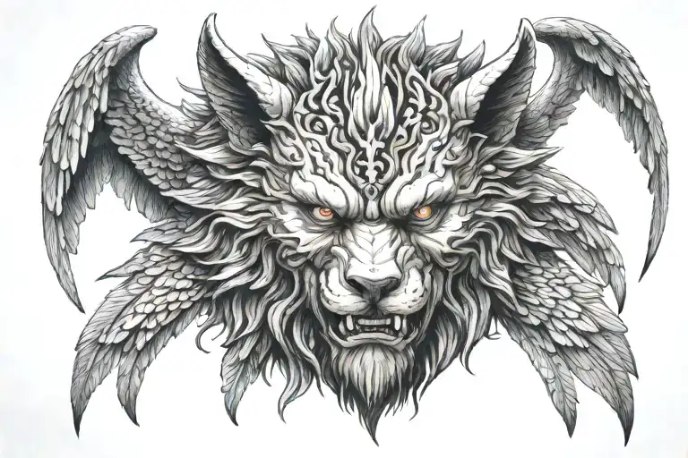 Giant Lycanthrope Head With Demonic And Angelic Figure Surround By Wings