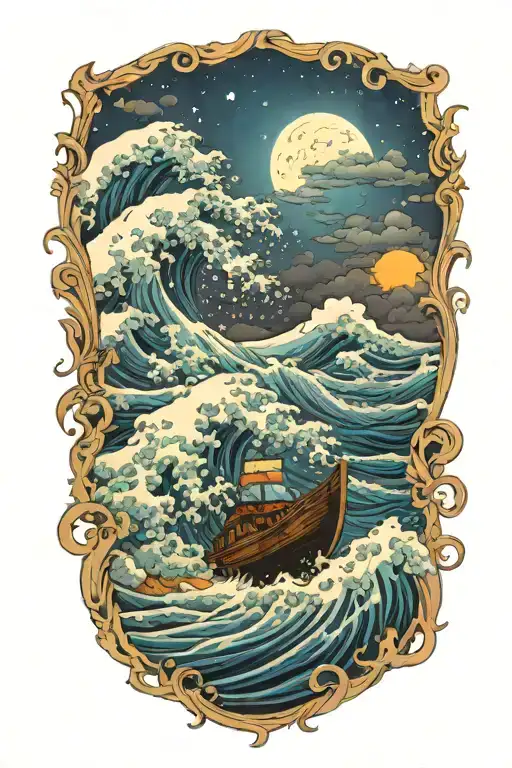 Tsnumani Wave Against The Night Sky Destryoing Boats With Raging Storm