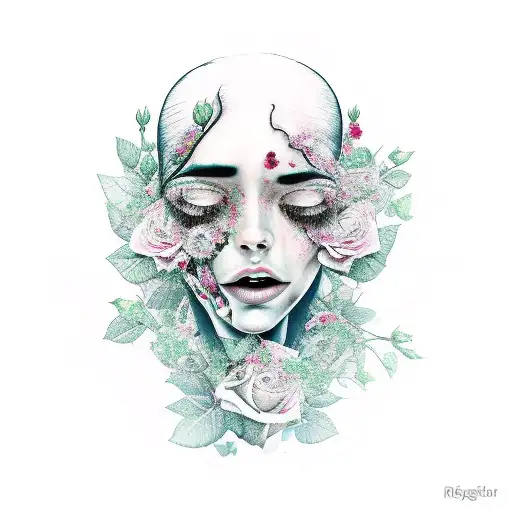Broken Crying Woman With Dying Roses Around Her