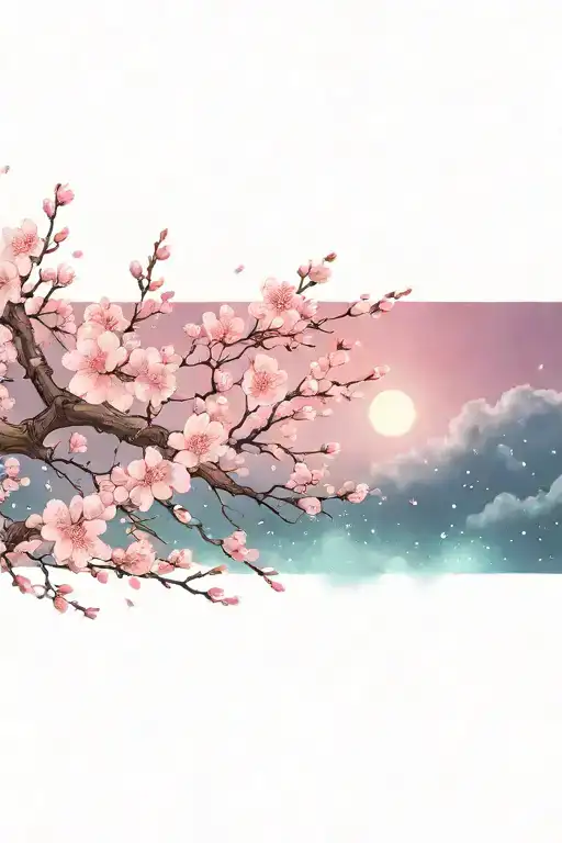 Pink Cherry Blossoms Branches Reaching Towards The Night Sky With Sakura Flowers Blowing In The Wind
