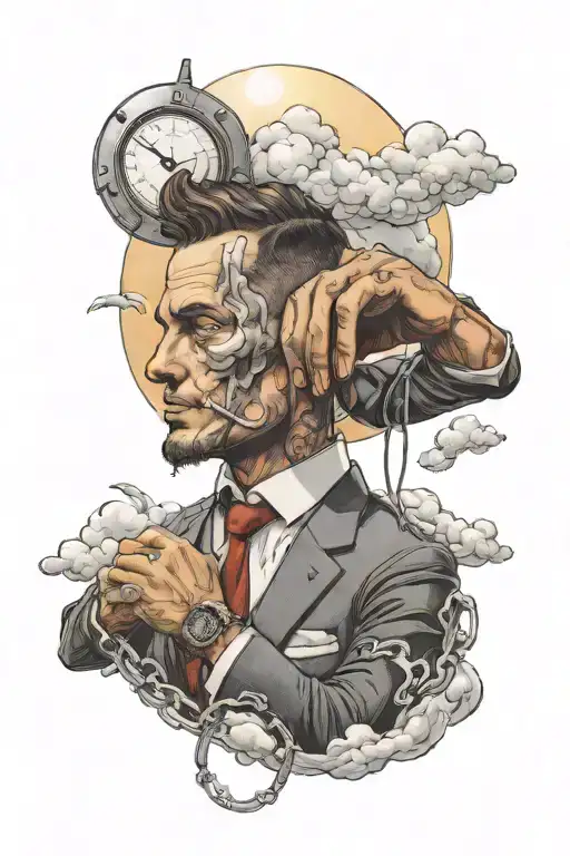 Man In Suit With Moon For Head And Clouds Around His Head Holding Broken Handcuffs