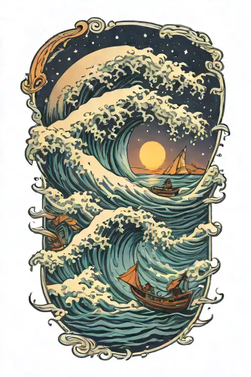 Tsnumani Wave Against The Night Sky Destryoing Boats