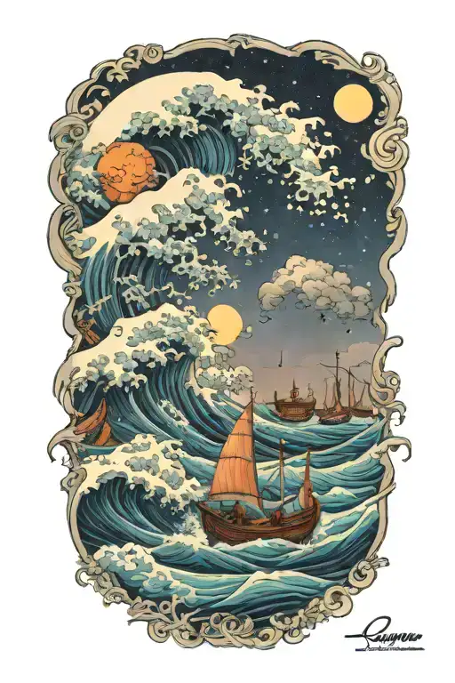 Tsnumani Wave Against The Night Sky Destryoing Boats